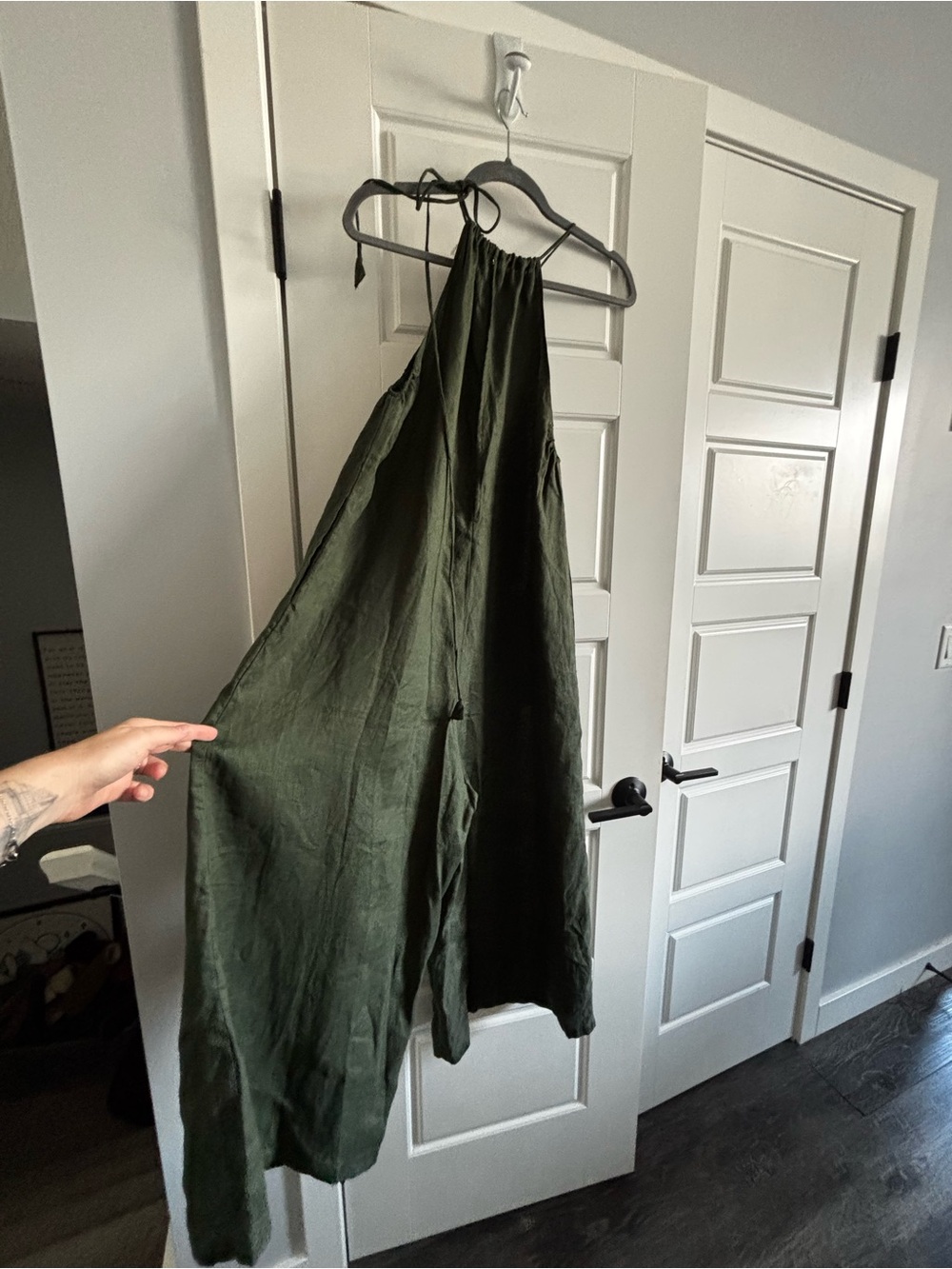 NWT Myrah Penaloza 100% French Linen wide leg jumpsuit forest green size S M - Picture 2 of 6